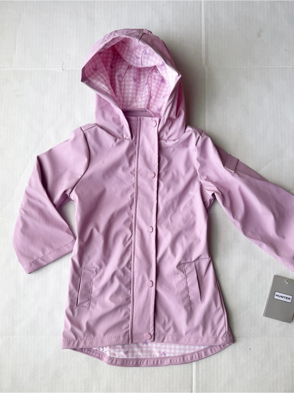 Hunter New Girls Long Hooded Rain Jacket with Checkered Heart Lining Size 4 NWT